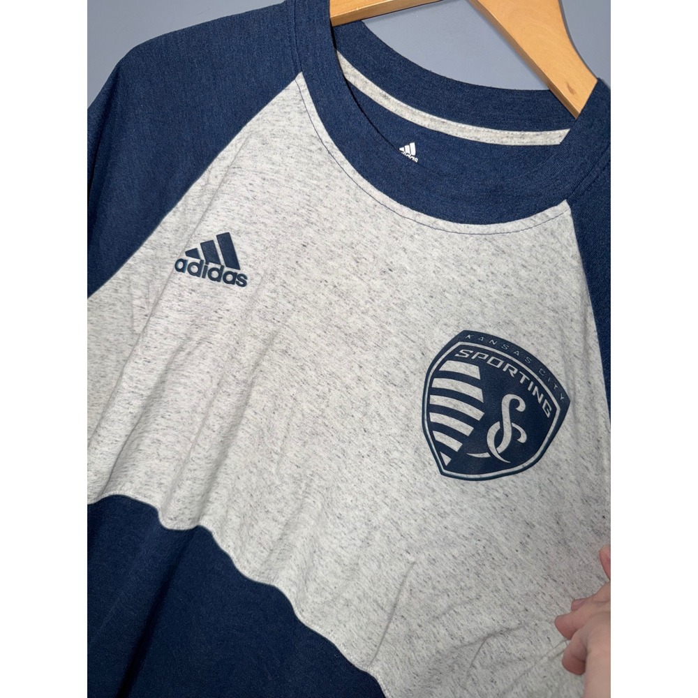 Adidas Sporting Kansas City MLS T-Shirt Navy Grey Colorblock Mens XL Raglan - Picture 2 of 5